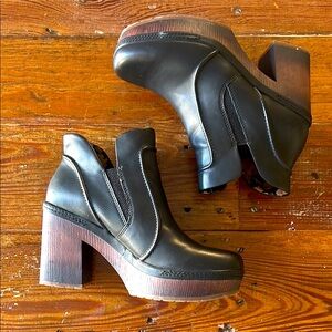 Black Leather Chunky Heel Ankle Boots